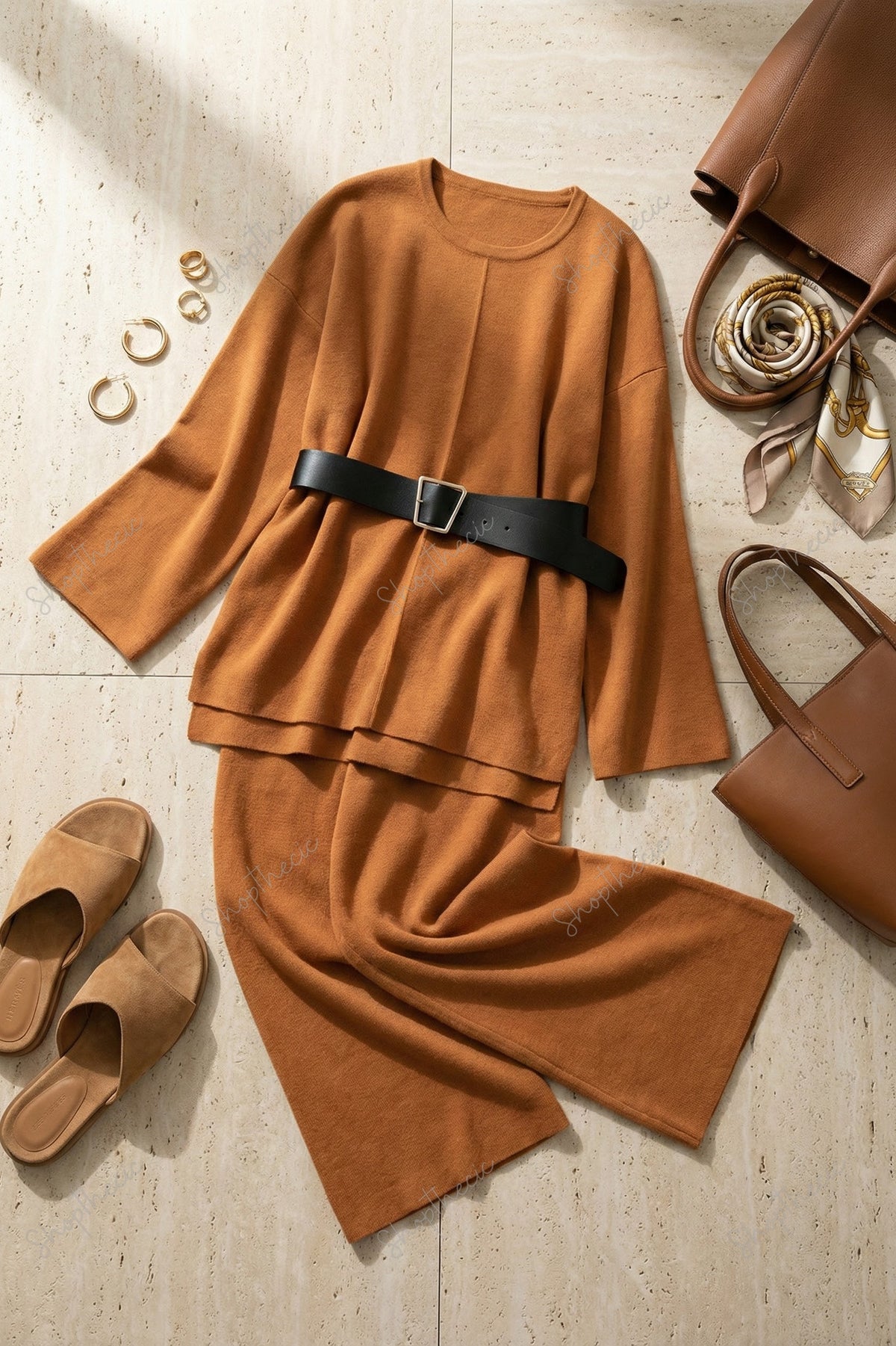 Completo composto da top largo in maglia con cintura e pantaloni larghi elastici a vita alta