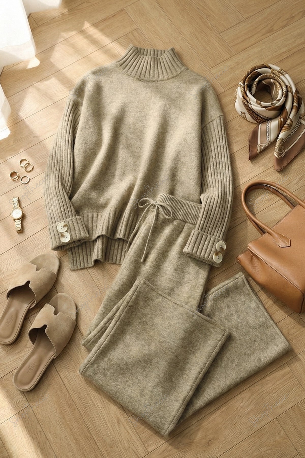 Button-down turtleneck sweater with loose trousers Two-piece set