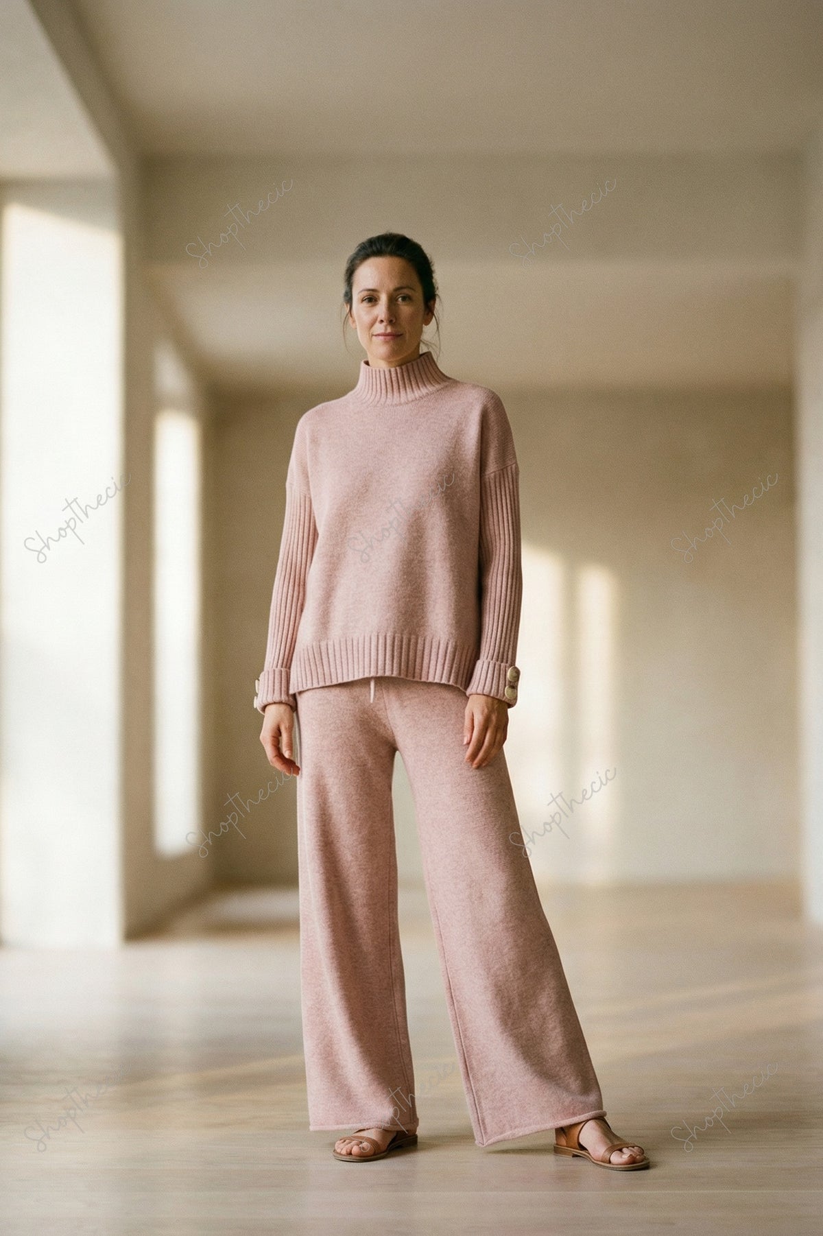Button-down turtleneck sweater with loose trousers Two-piece set