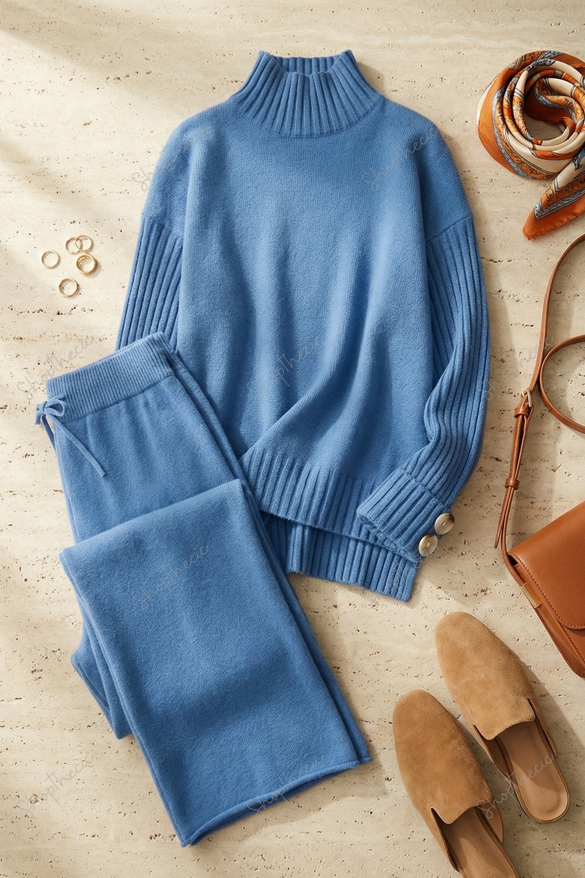 Button-down turtleneck sweater with loose trousers Two-piece set