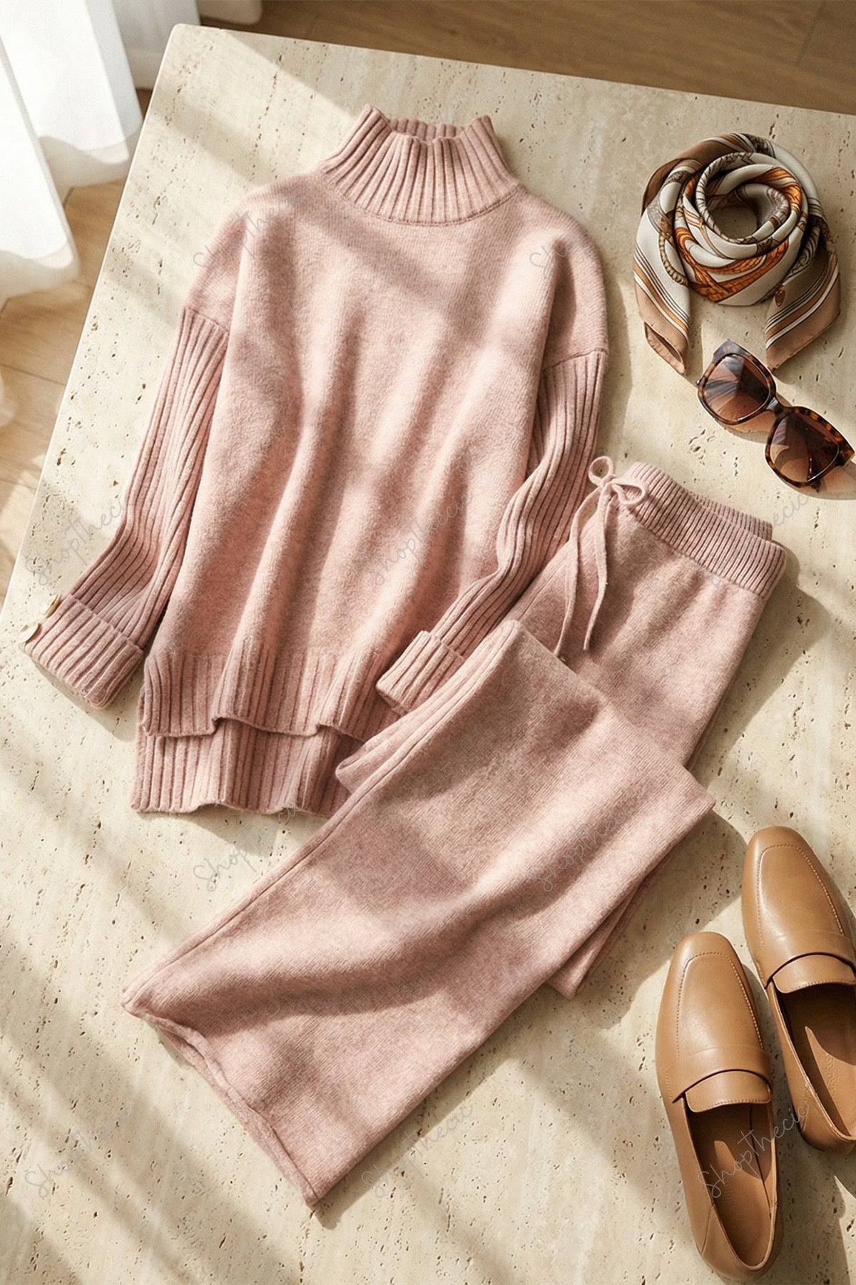 Button-down turtleneck sweater with loose trousers Two-piece set