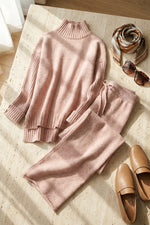 Button-down turtleneck sweater with loose trousers Two-piece set