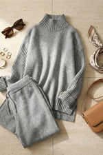 Button-down turtleneck sweater with loose trousers Two-piece set