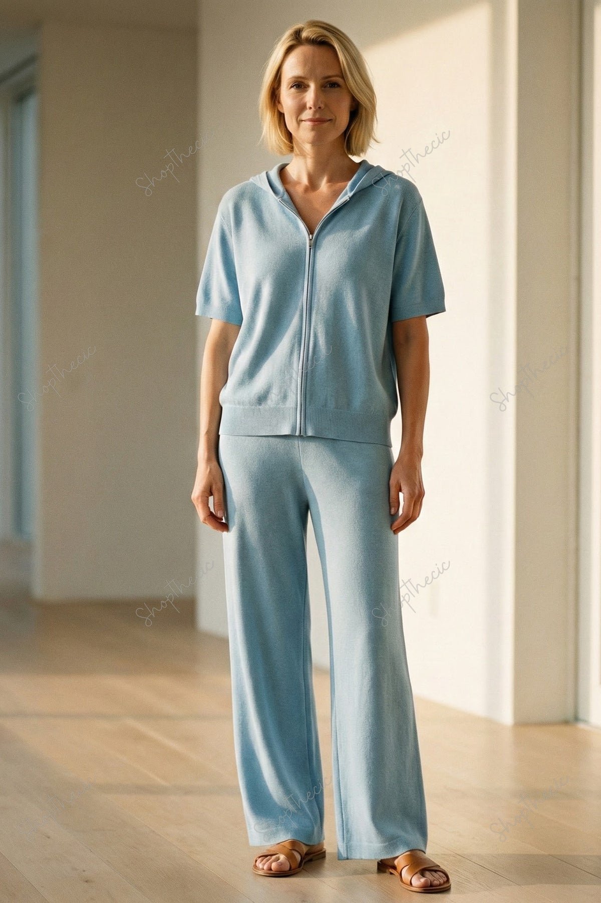 Completo composto da maglia a maniche corte con cappuccio e cerniera e pantaloni a gamba larga