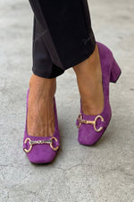 Square-toe suede metal buckle chunky mid-heel shoes