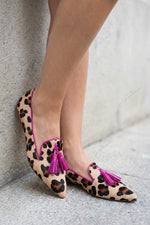 Color-blocked tassel leopard pointed toe suede flats