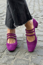 Elegant suede square-toe strappy buckle chunky heel Mary Jane shoes