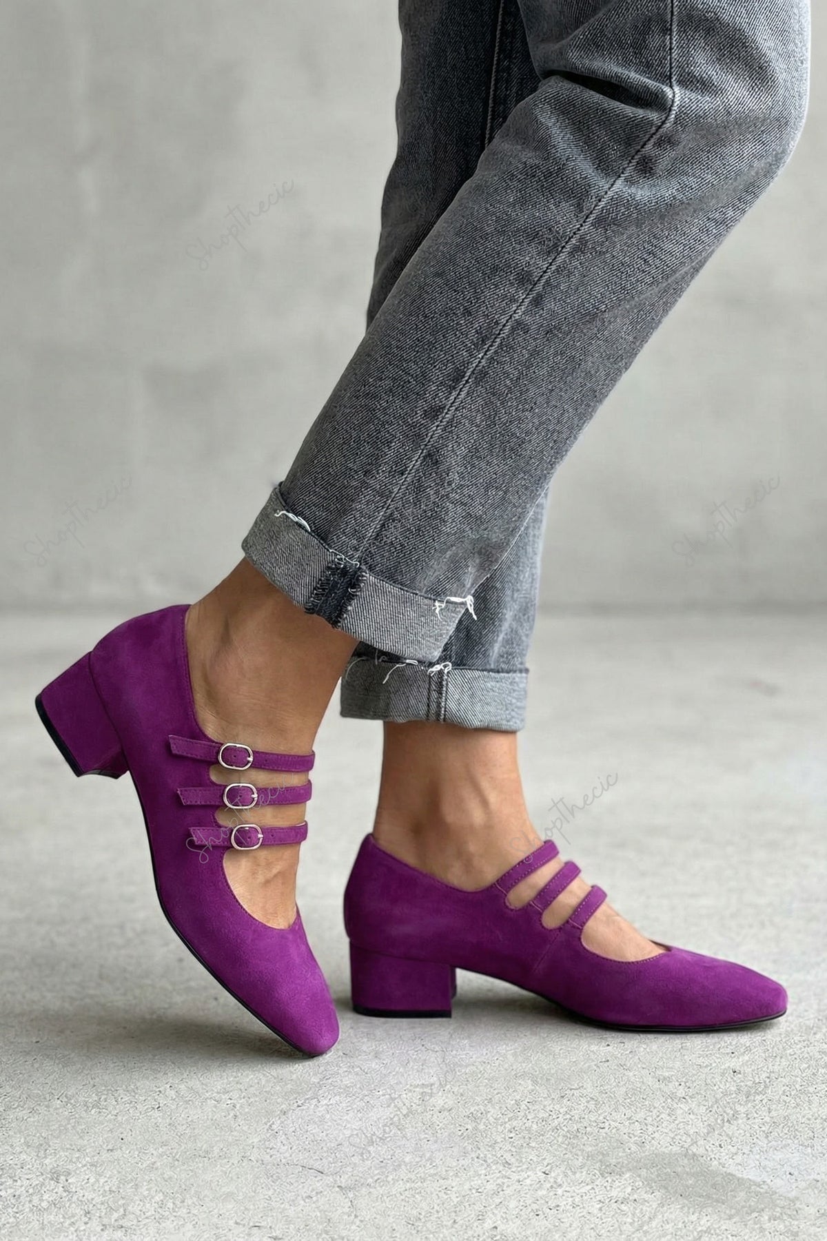Elegant suede square-toe strappy buckle chunky heel Mary Jane shoes