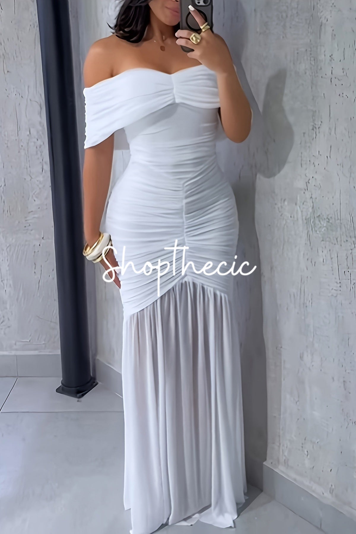 Off-the-shoulder mesh-paneled skirt fitted maxi dress