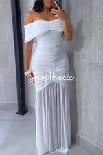 Off-the-shoulder mesh-paneled skirt fitted maxi dress