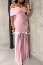 Off-the-shoulder mesh-paneled skirt fitted maxi dress