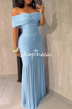 Off-the-shoulder mesh-paneled skirt fitted maxi dress