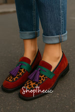 Vintage Suede Leopard Contrast Chunky Sole Slip-On Flat Loafers