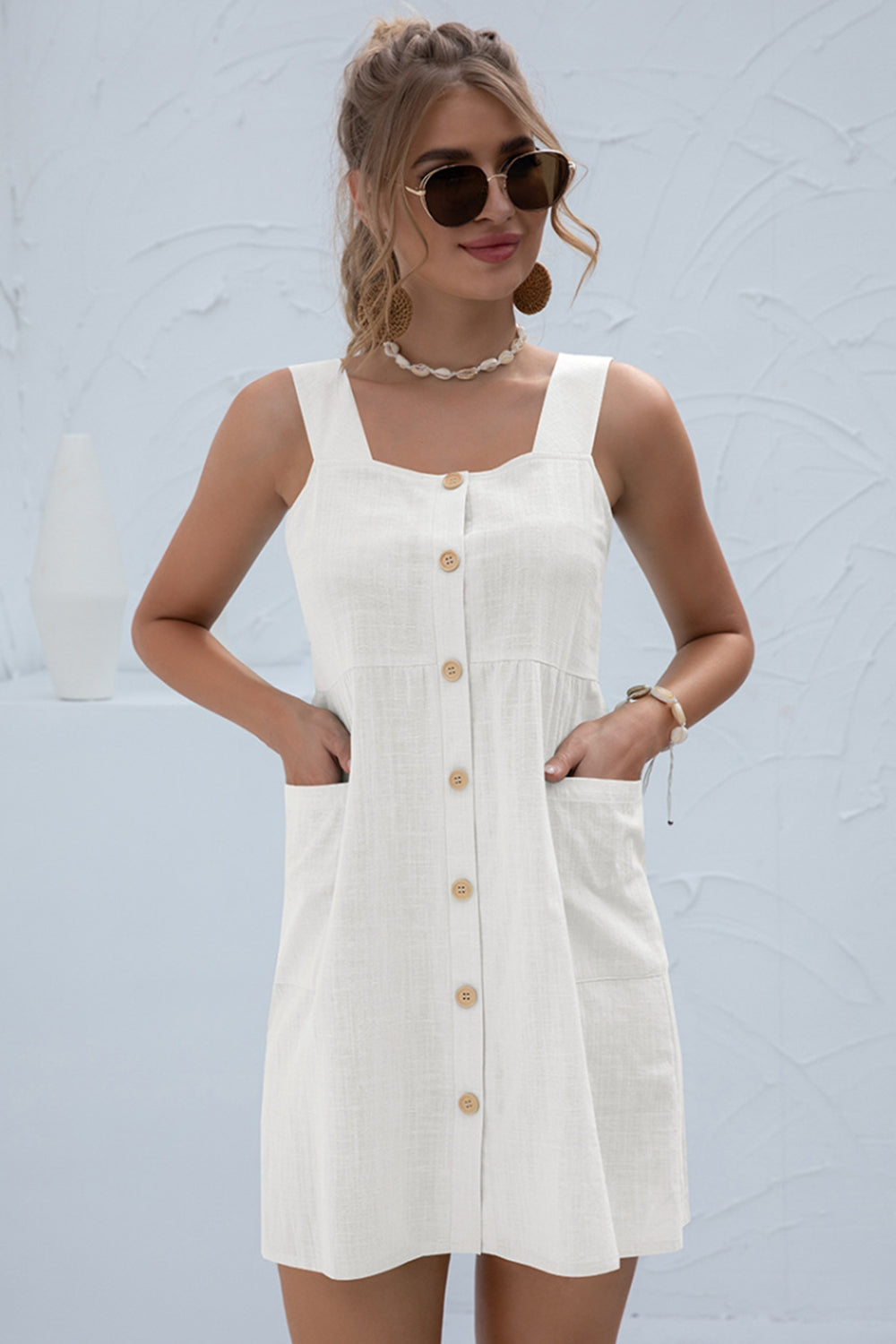 Solid Color Pocket Strap Short Dress