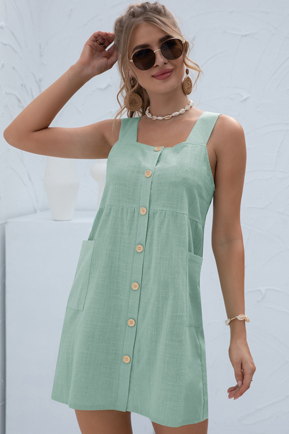 Solid Color Pocket Strap Short Dress