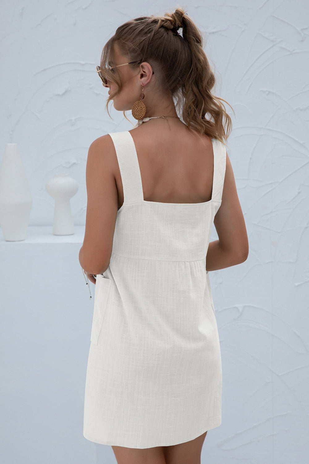 Solid Color Pocket Strap Short Dress