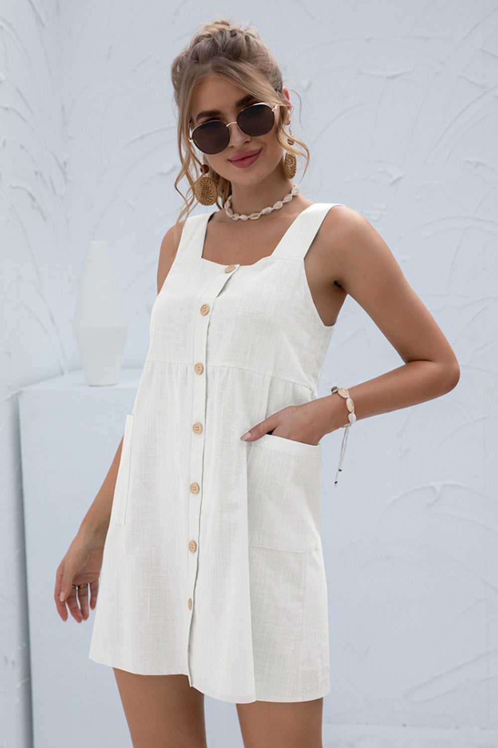 Solid Color Pocket Strap Short Dress