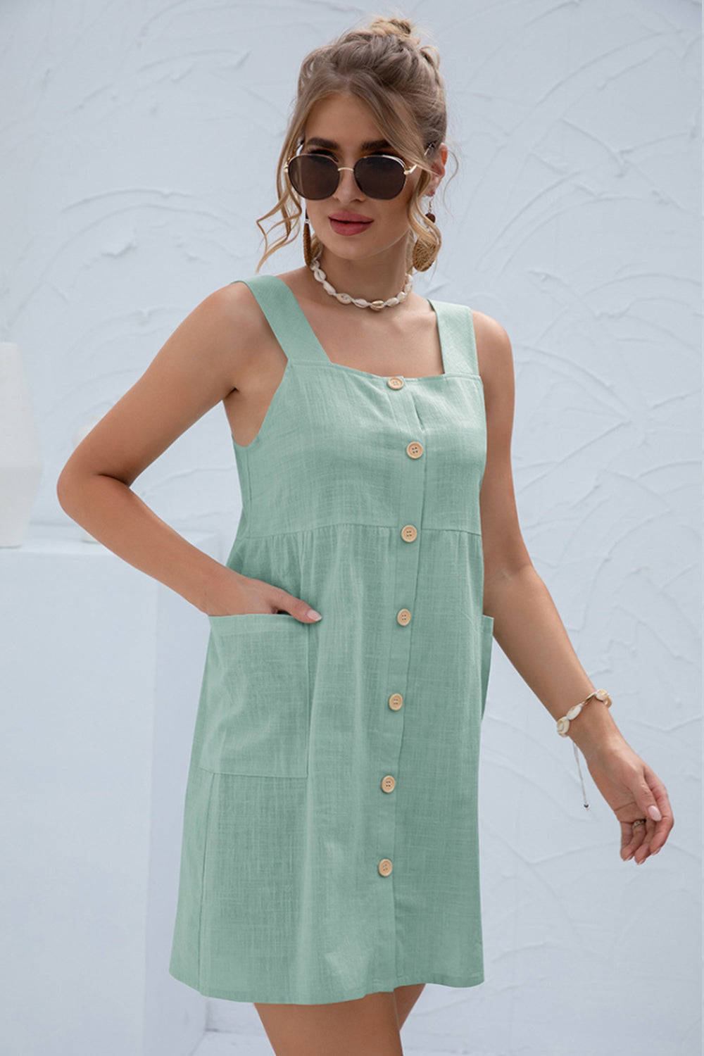 Solid Color Pocket Strap Short Dress