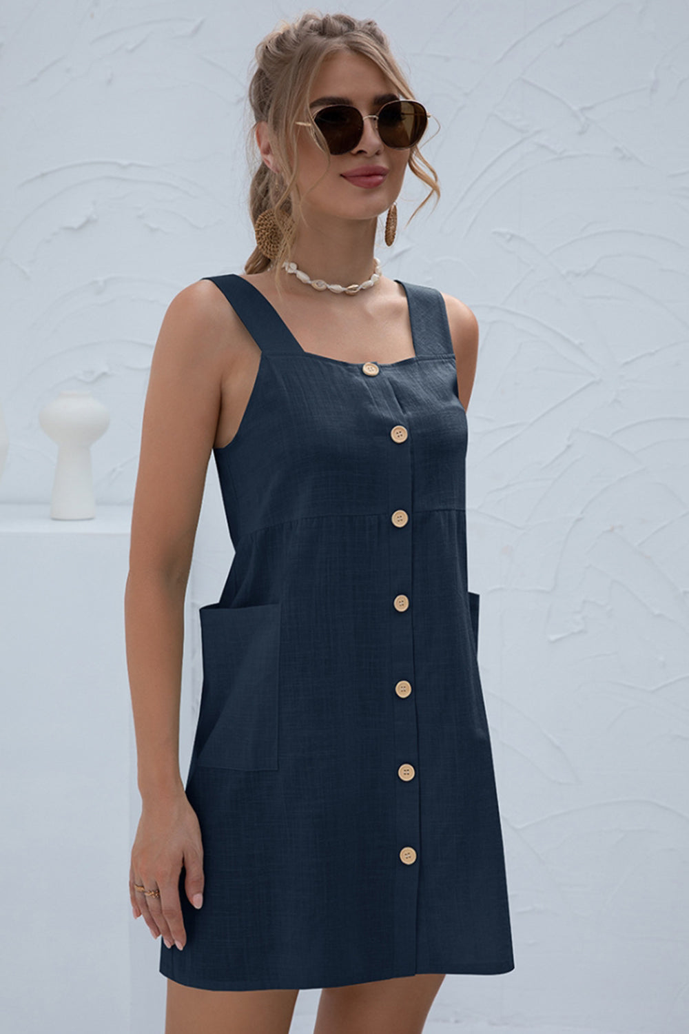 Solid Color Pocket Strap Short Dress