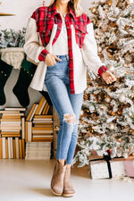 Plüsch-Patchwork-Kontrastjacke mit Karomuster