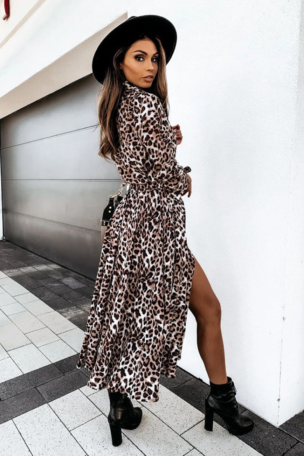 Long Sleeve Leopard Printed Dress