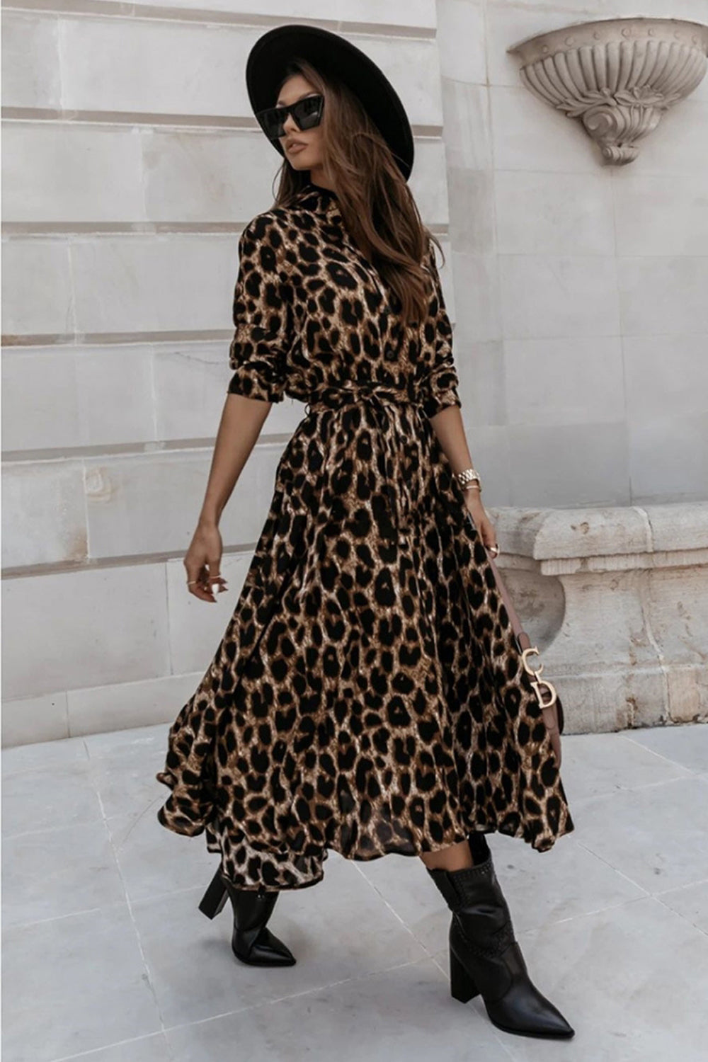 Long Sleeve Leopard Printed Dress