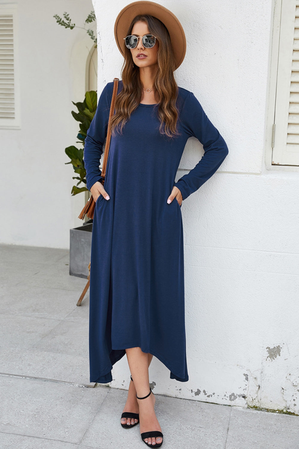 Solid Color Big Swing Skirt Long Sleeve Dress