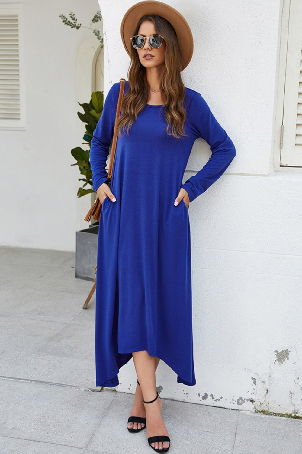 Solid Color Big Swing Skirt Long Sleeve Dress