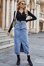 Buttoned Slit Denim Skirt