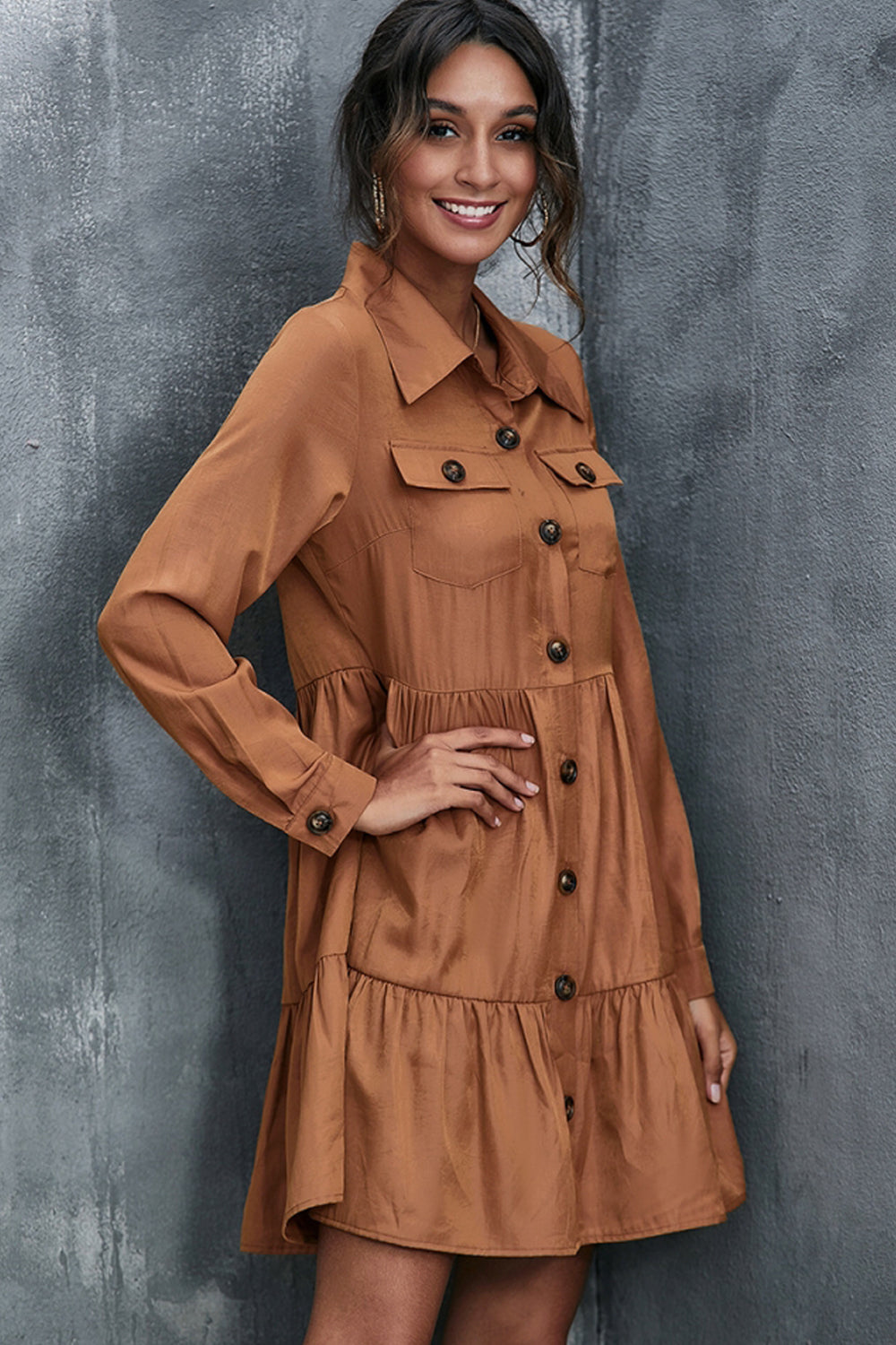 Double Pocket Buttoned Shirt Dress