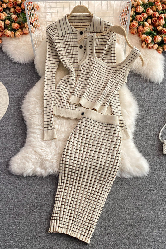 Temperament Plaid Knitted 3 Piece Sets Suit