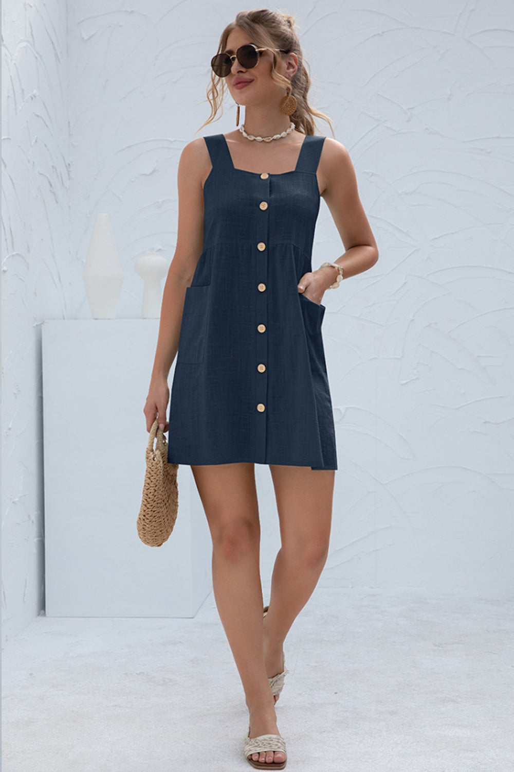 Solid Color Pocket Strap Short Dress