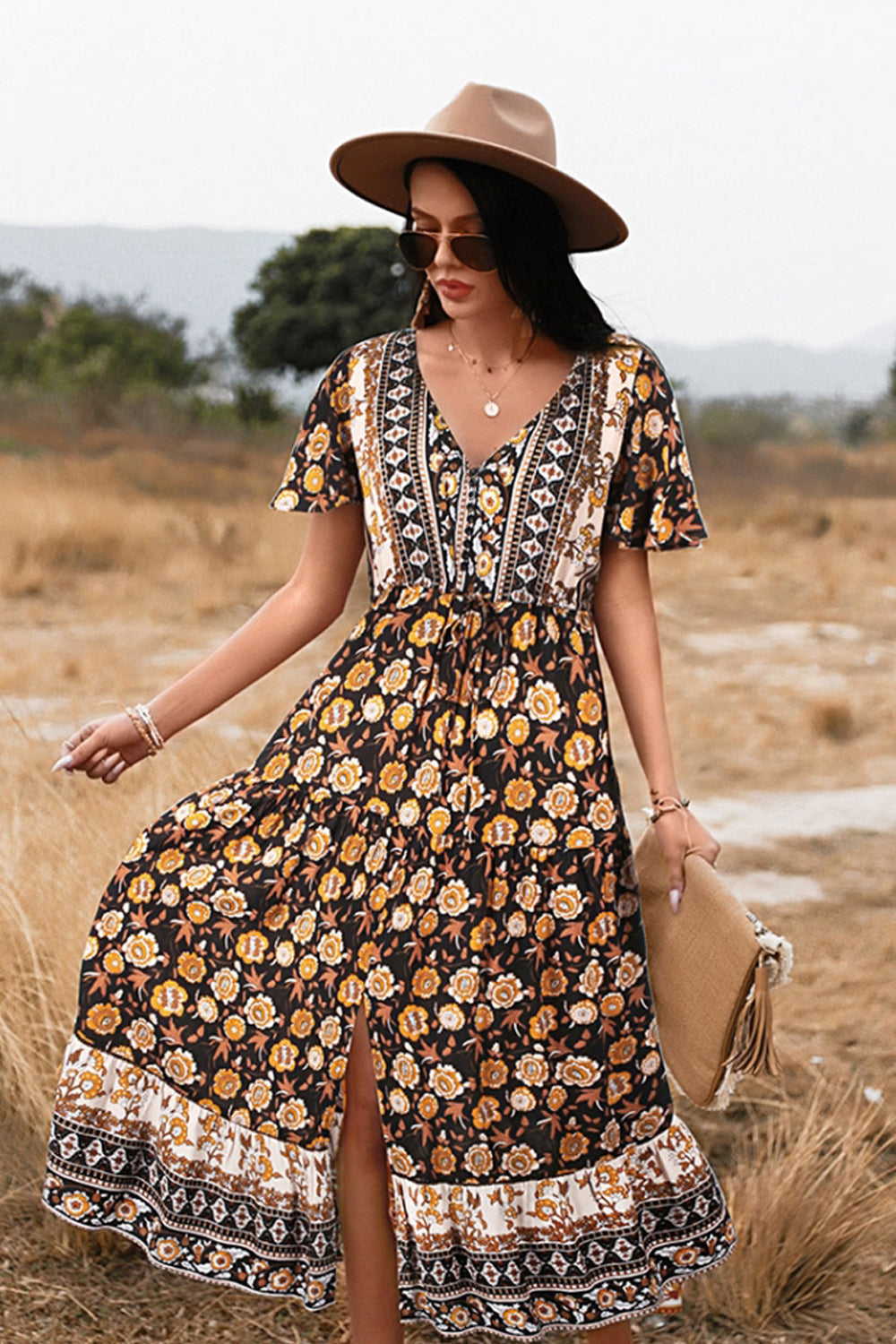 Slit Printed Big Swing Dress 
