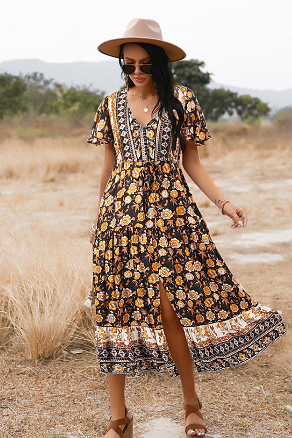 Slit Printed Big Swing Dress 