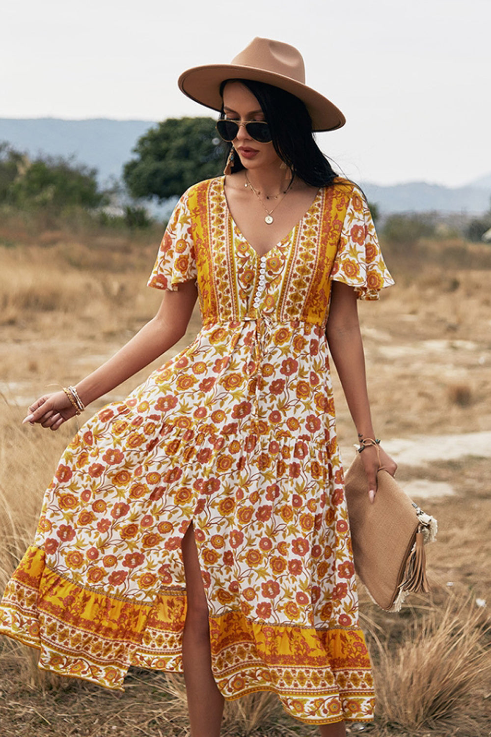 Slit Printed Big Swing Dress 