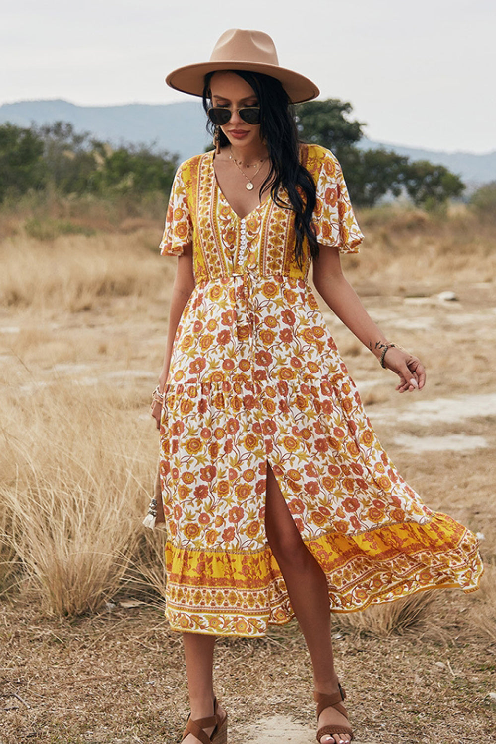 Slit Printed Big Swing Dress 