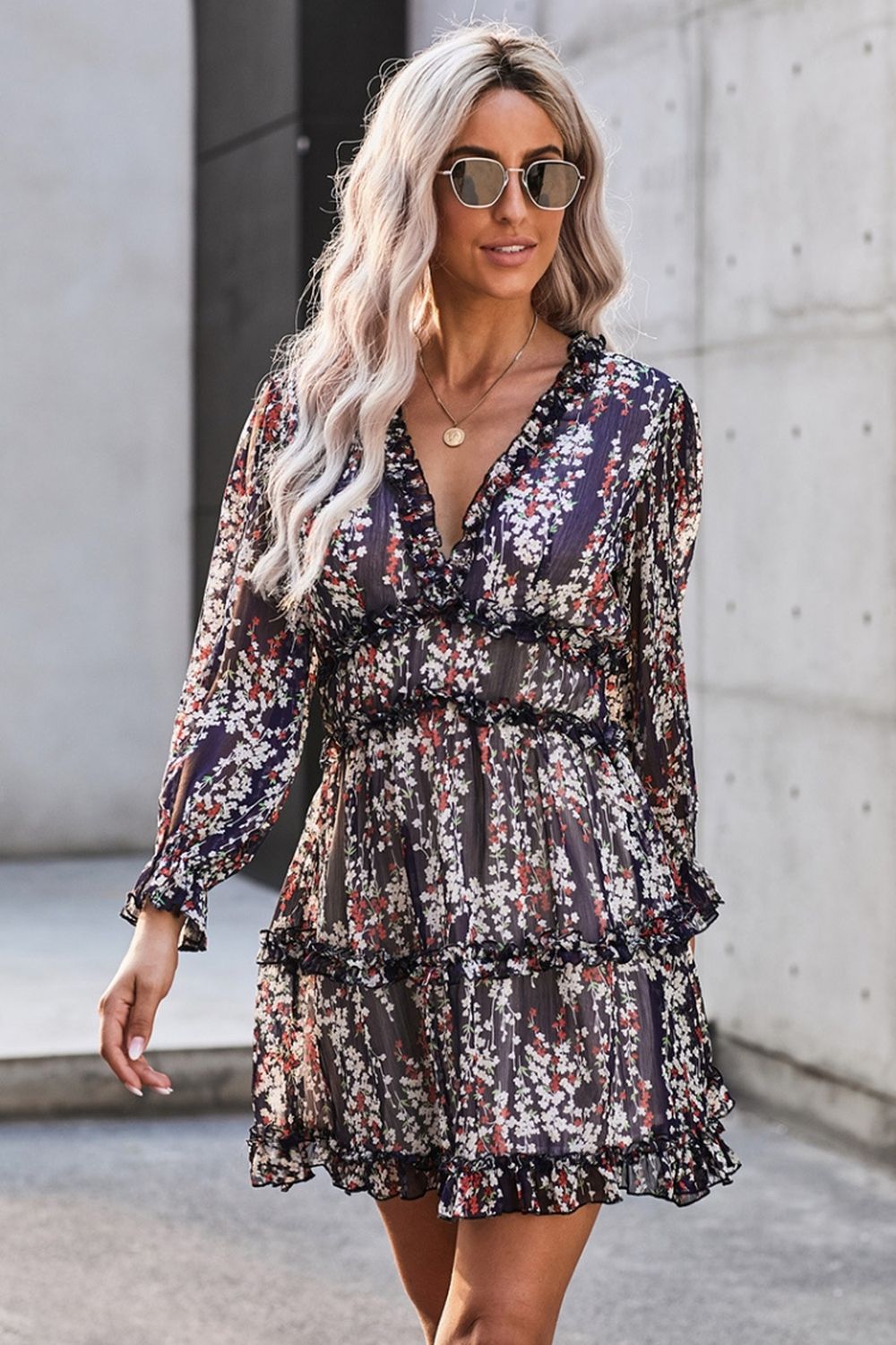 Open Back V-Neck Puff Sleeve Dress