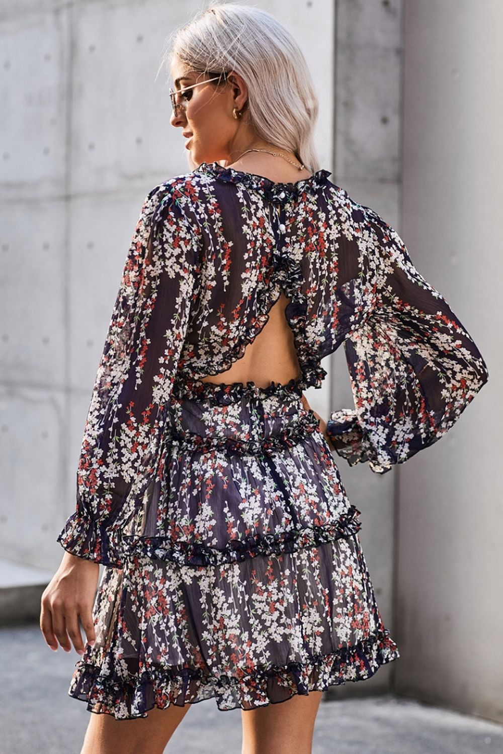 Open Back V-Neck Puff Sleeve Dress