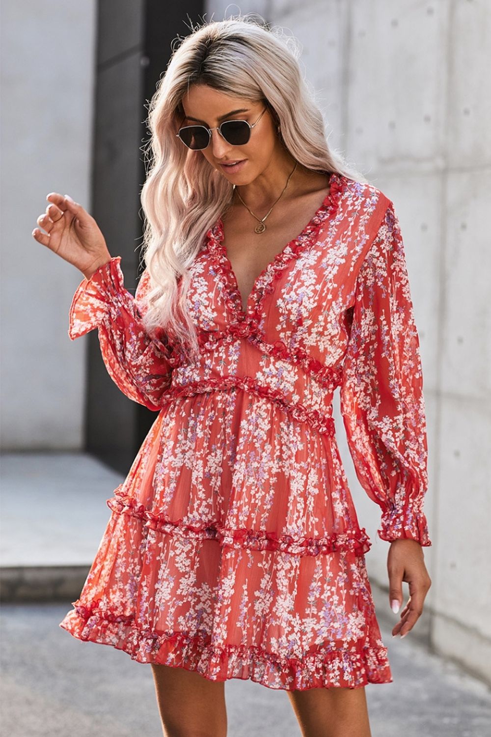 Open Back V-Neck Puff Sleeve Dress