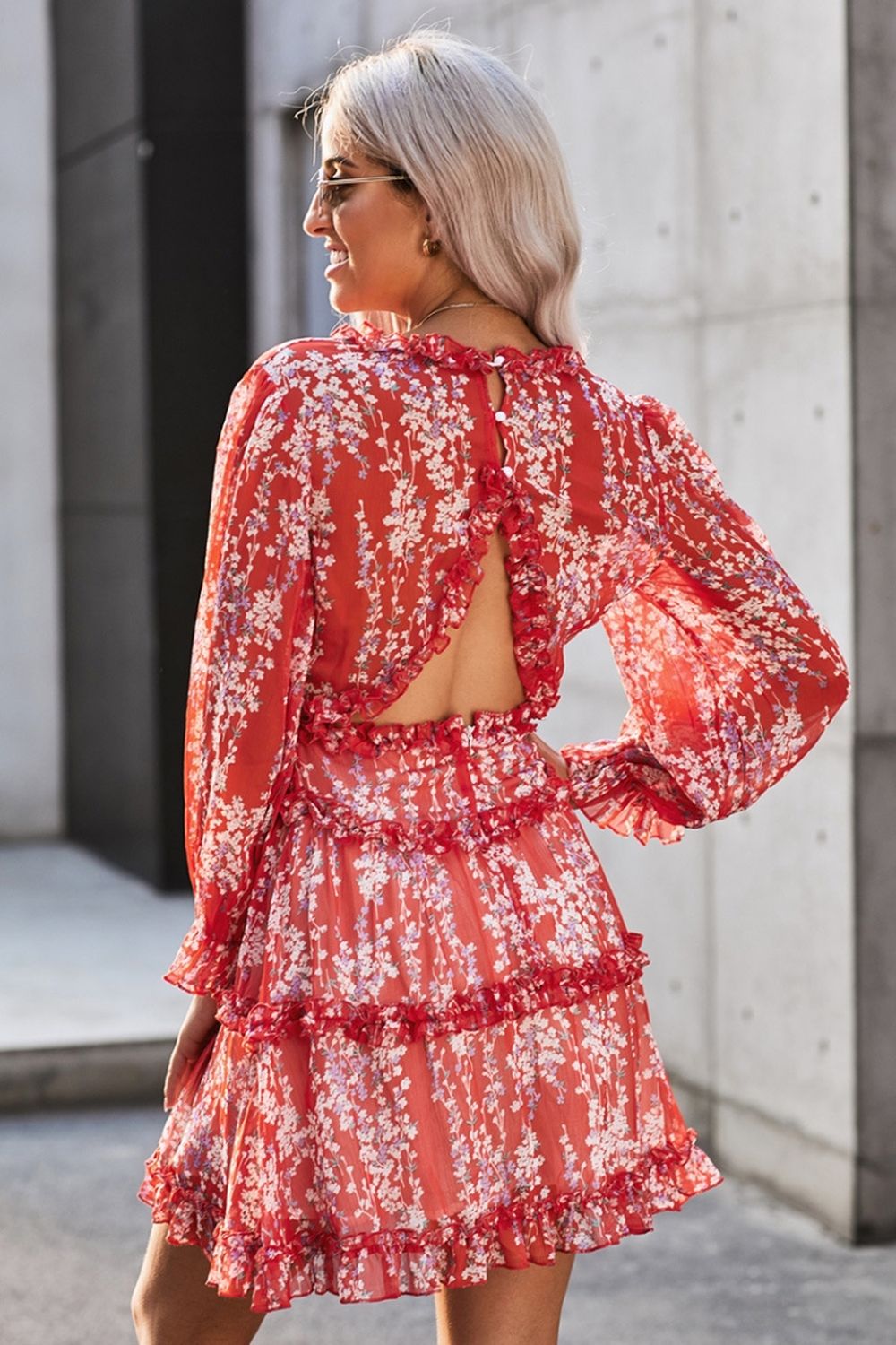 Open Back V-Neck Puff Sleeve Dress