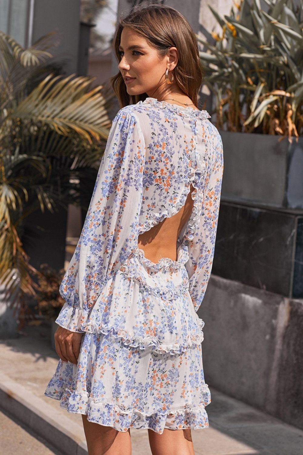 Open Back V-Neck Puff Sleeve Dress