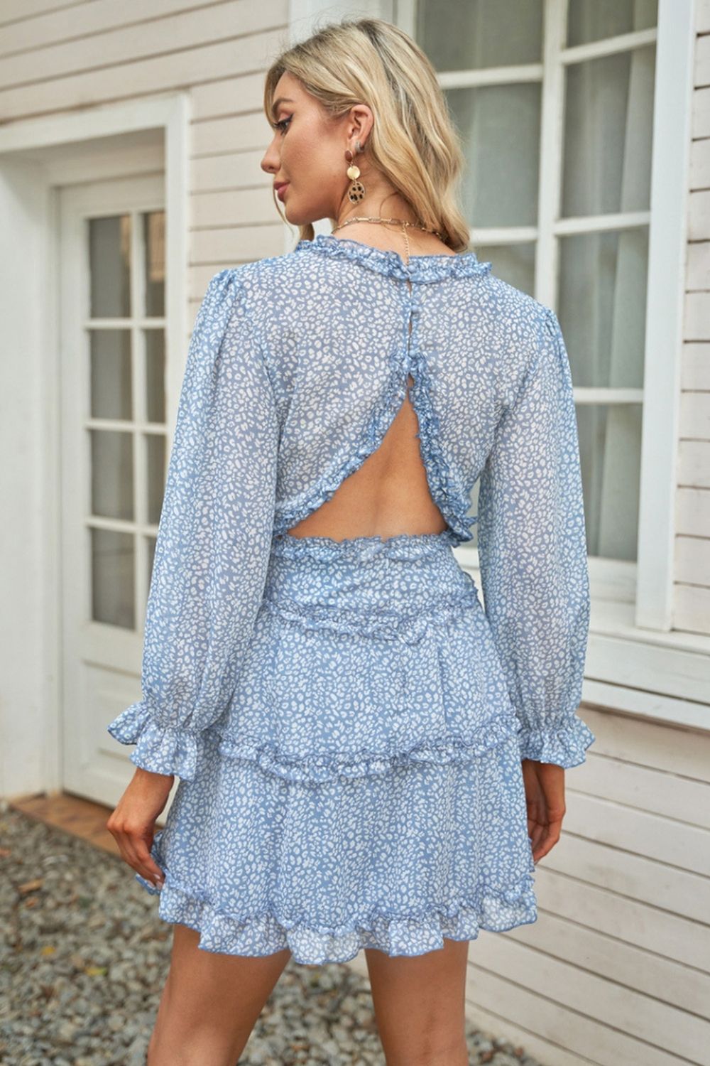 Open Back V-Neck Puff Sleeve Dress