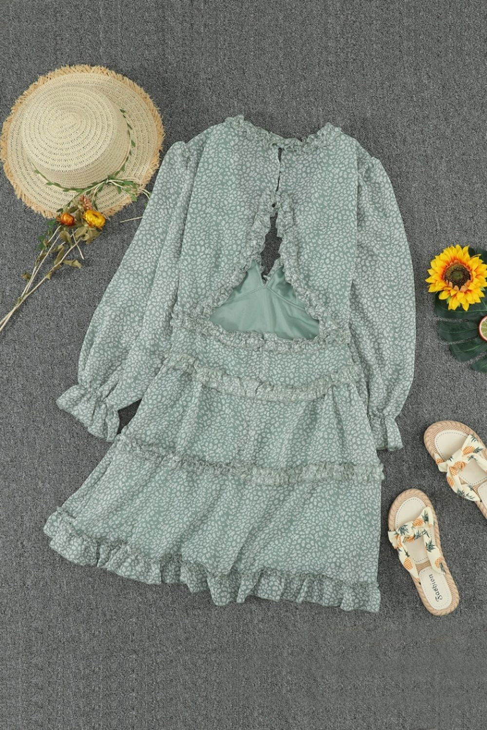 Open Back V-Neck Puff Sleeve Dress