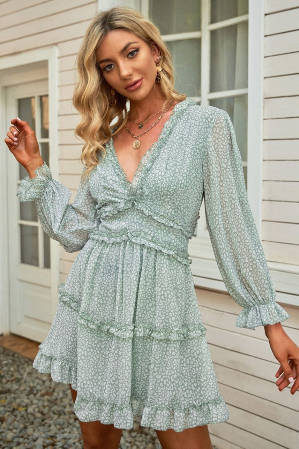 Open Back V-Neck Puff Sleeve Dress