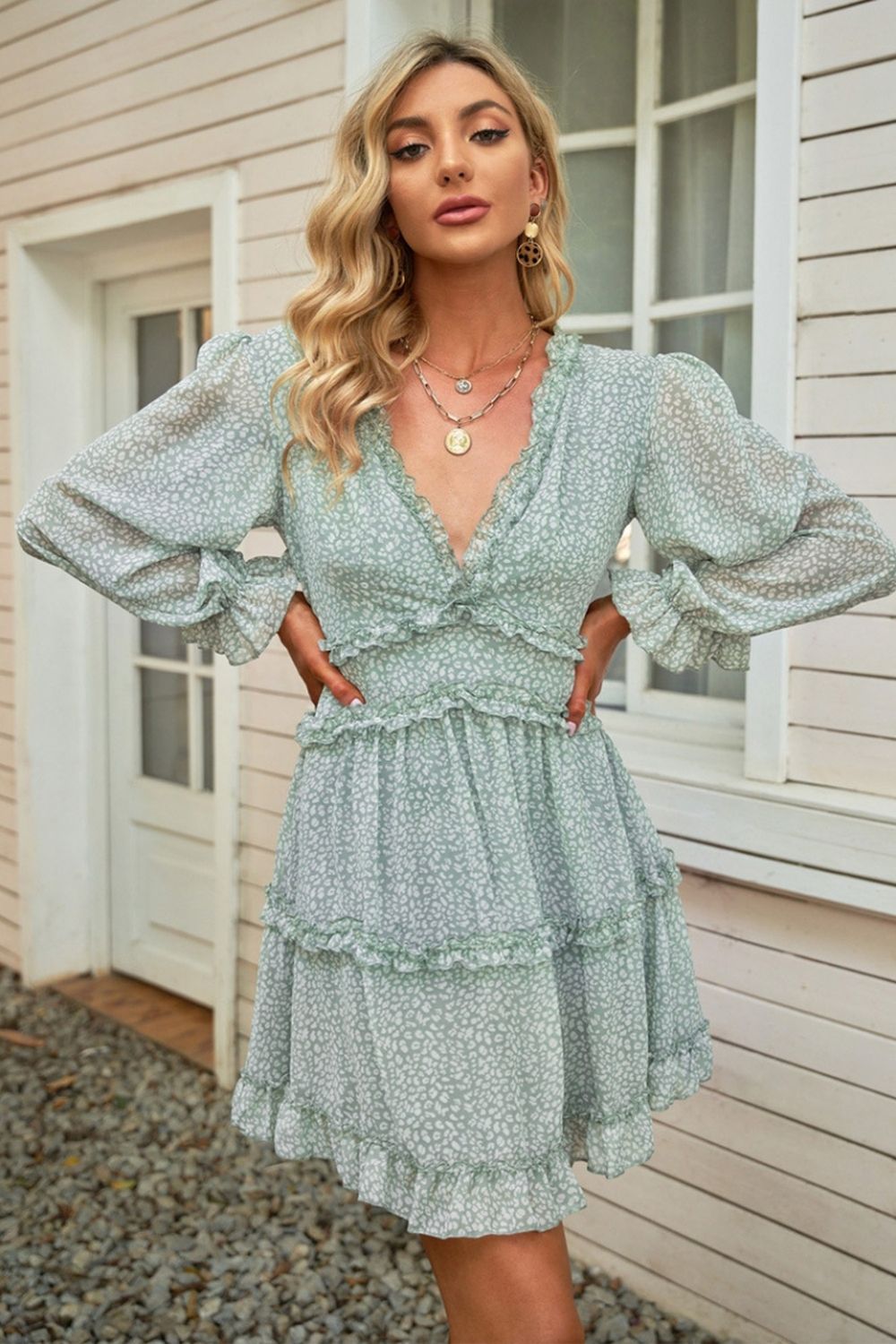 Open Back V-Neck Puff Sleeve Dress