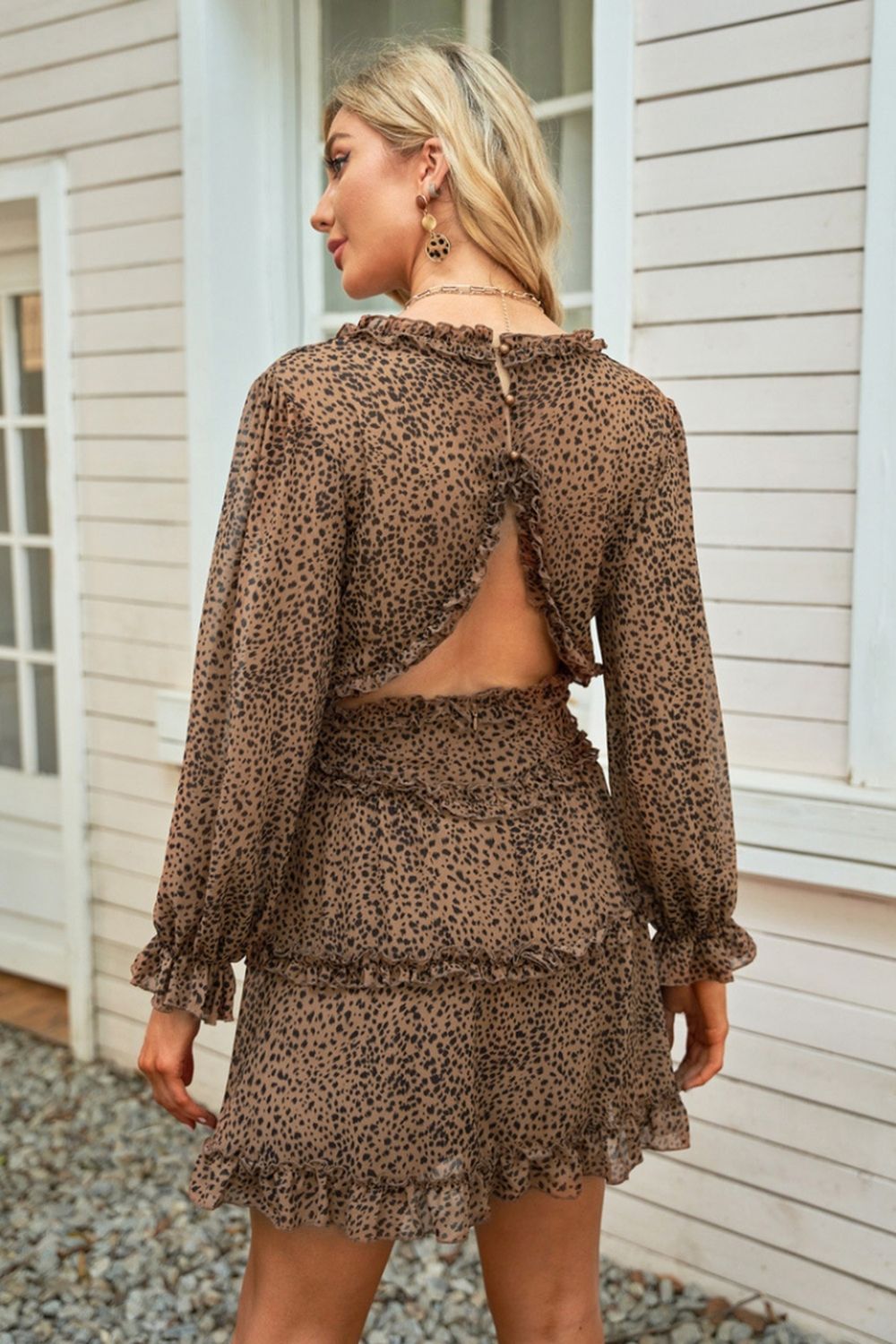 Open Back V-Neck Puff Sleeve Dress