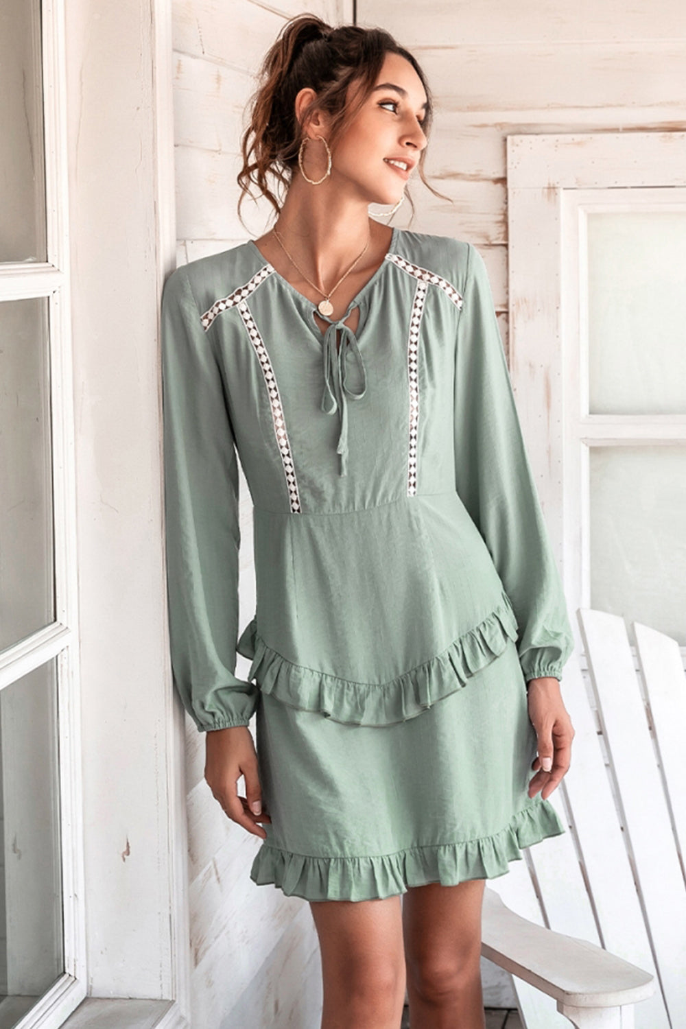 Solid Color Hollow Puff Sleeve Dress