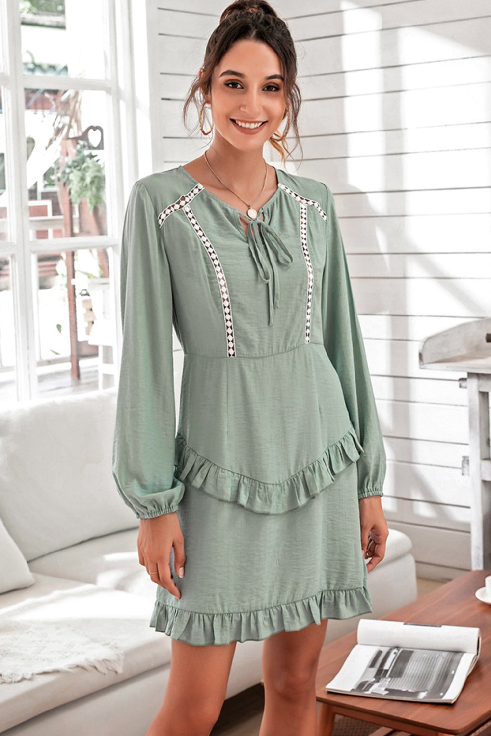 Solid Color Hollow Puff Sleeve Dress