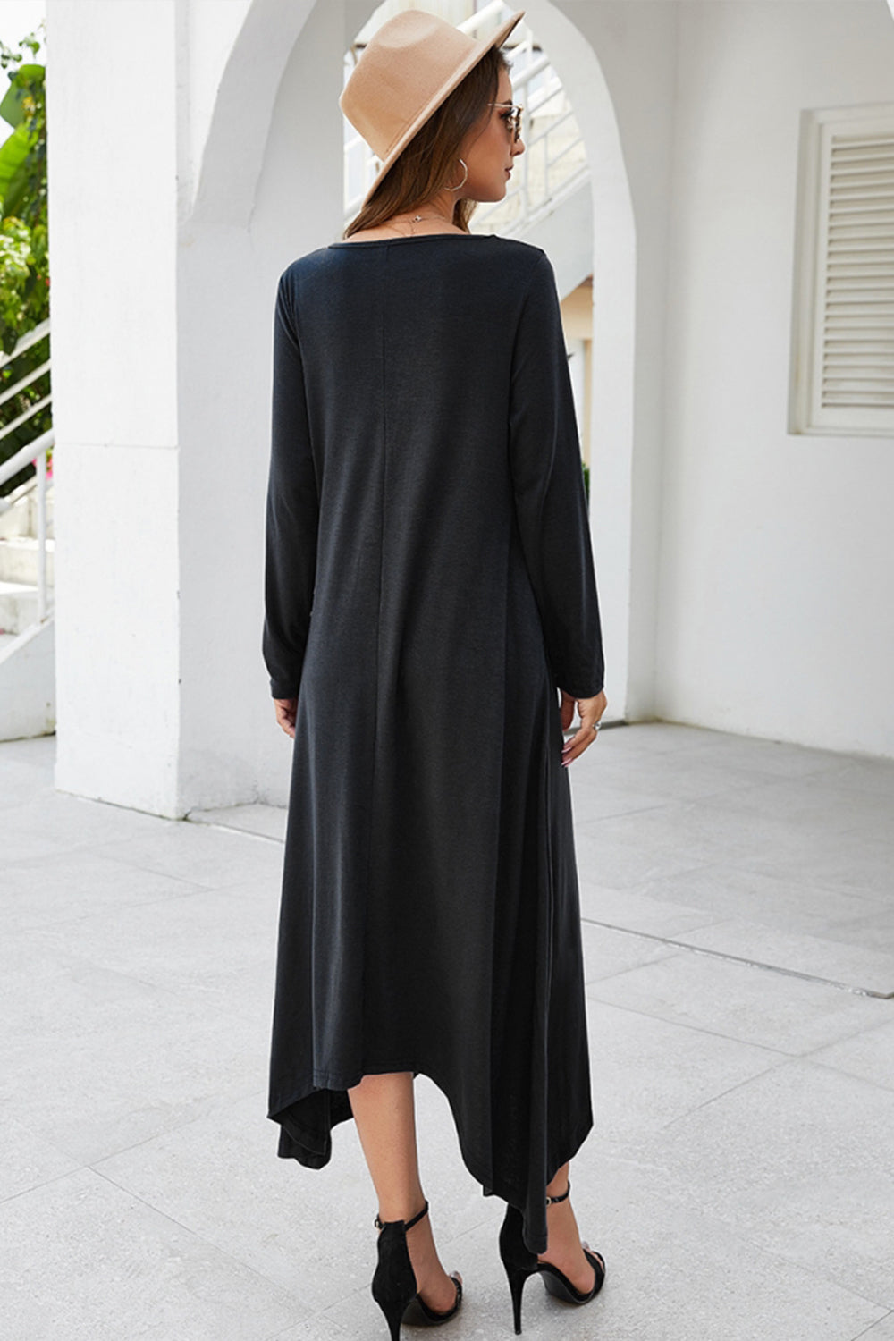 Solid Color Big Swing Skirt Long Sleeve Dress