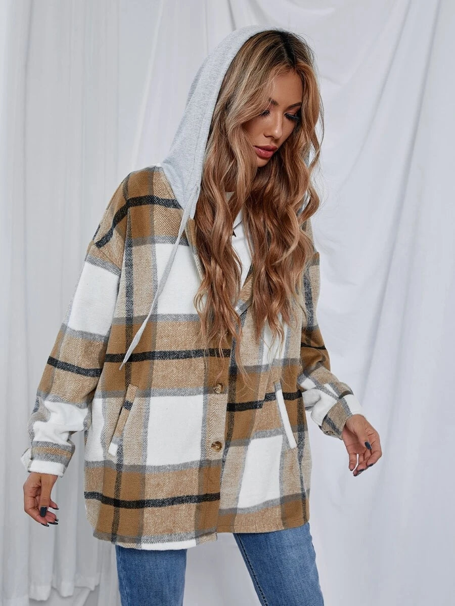 Veste à capuche mi-longue à carreaux en tweed